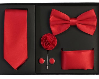 Men's Premium Red Necktie Bow Tie Pocket Square Lapel Pin Cufflinks Gift Set For Suit & Tuxedo