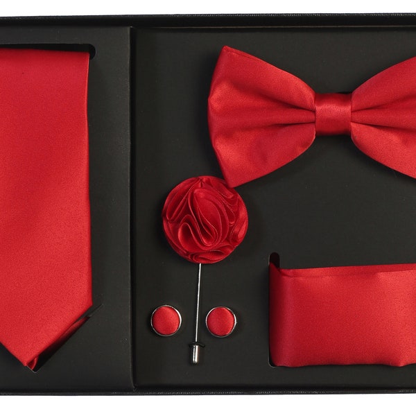 Men's Premium Red Necktie Bow Tie Pocket Square Lapel Pin Cufflinks Gift Set For Suit & Tuxedo