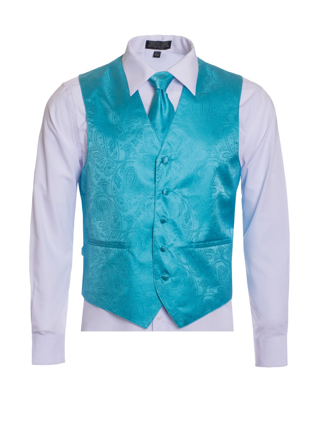 Men's Premium Turquoise Paisley Vest Neck Tie Pocket Square 3 Piece Set Paisley Vest for Suits