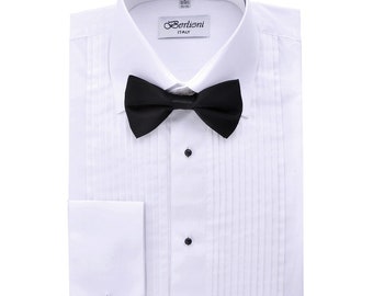 Men's Premium Modern Fit Laydown Tuxedo Dress Shirt with Bow Tie - Convertible French Cuffs