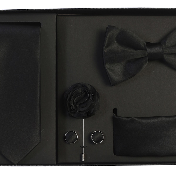 Men's Premium Black Necktie Bow Tie Pocket Square Lapel Pin Cufflinks Gift Set For Suit & Tuxedo