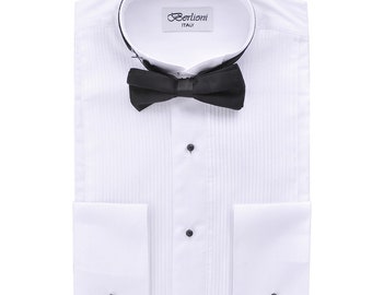 Men's Premium Modern Fit Wing Tip Tuxedo Dress Shirt with Bow Tie - Convertible French Cuffs