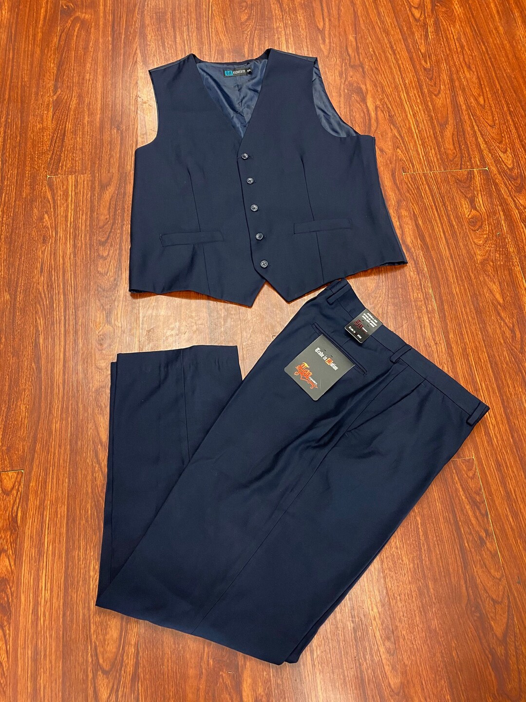 Men's Premium Navy Blue Vest & Classic Fit Flat Front Dress Pants Set