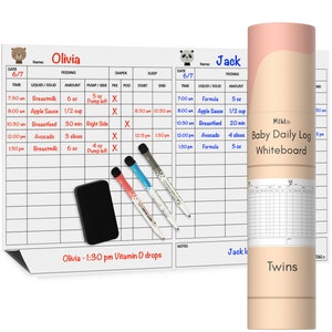 Mewl Twins Baby Log Whiteboard - Herbruikbare babykaart om voedingen, luiers en slaap bij te houden voor nieuwe ouders, oppas, babysitter | 11 x 17 inch