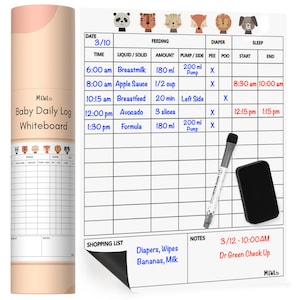 Mewl Daily Baby Log Whiteboard - Reusable Baby Chart to Track Feedings, Diapers & Sleep for New Parents, Nanny, Babysitter | 11 x14 in