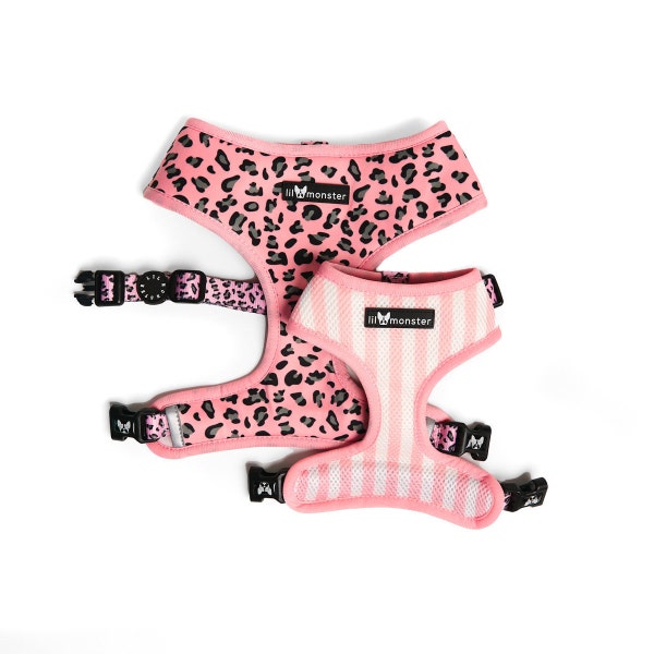 Reversible dog harness | Leopard print | Stripe Print | Pink | Gray | Small dog harness