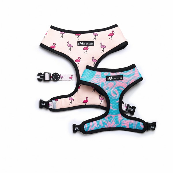 Reversible dog harness | Flamingo print | Marble Print | Pink | Blue | Small dog harness