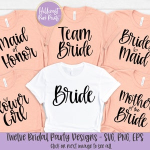 May include: Twelve different designs for bridal party shirts. The shirts are peach and white with black text. The text includes "Bride", "Maid of Honor", "Bridesmaid", "Flower Girl", "Mother of the Bride", and "Team Bride".