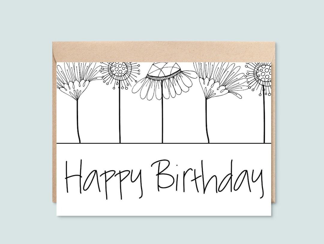printable happy birthday card, black and white floral line art