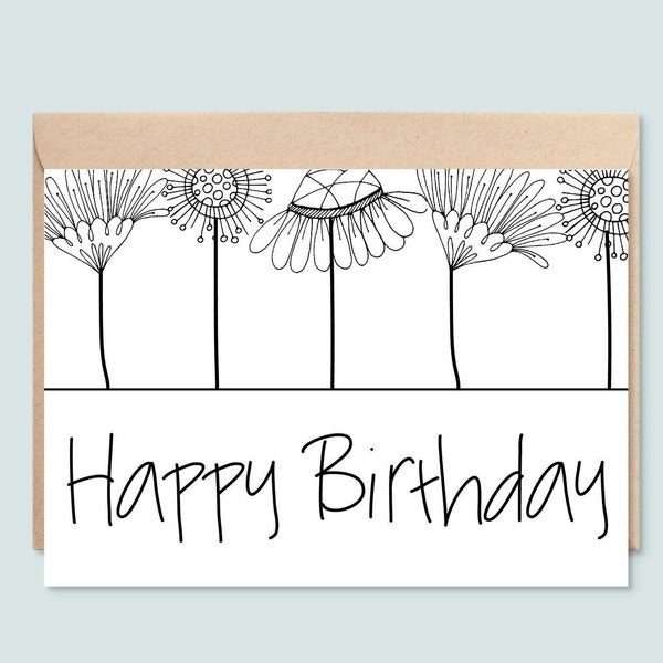 Printable Happy Birthday Card, Black and White Floral Line Art, Instant Download, 5X7 Greeting Card