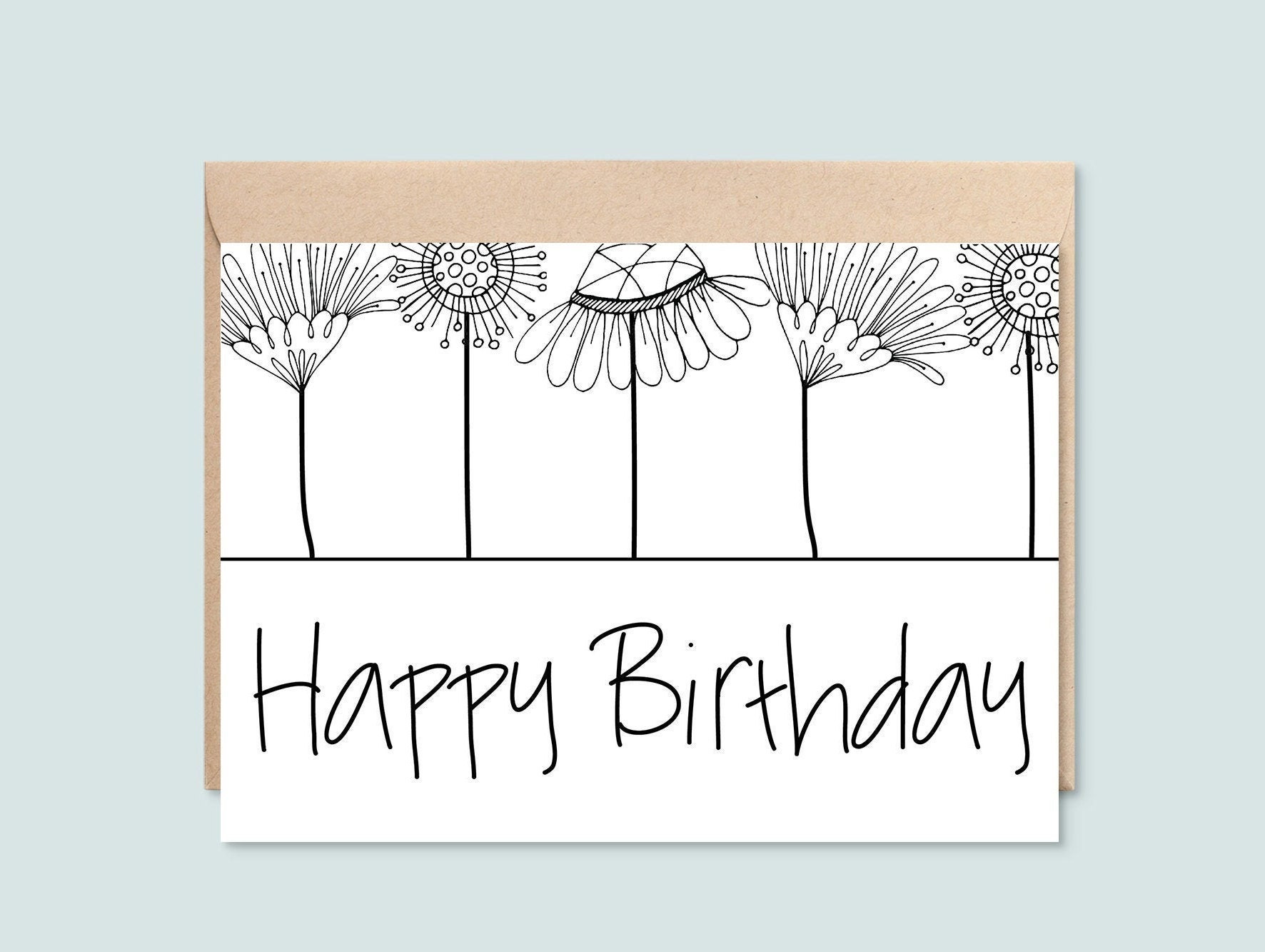 Printable Happy Birthday Card, Black and White Floral Line Art, Instant Download, 5X7 Greeting Card - Etsy