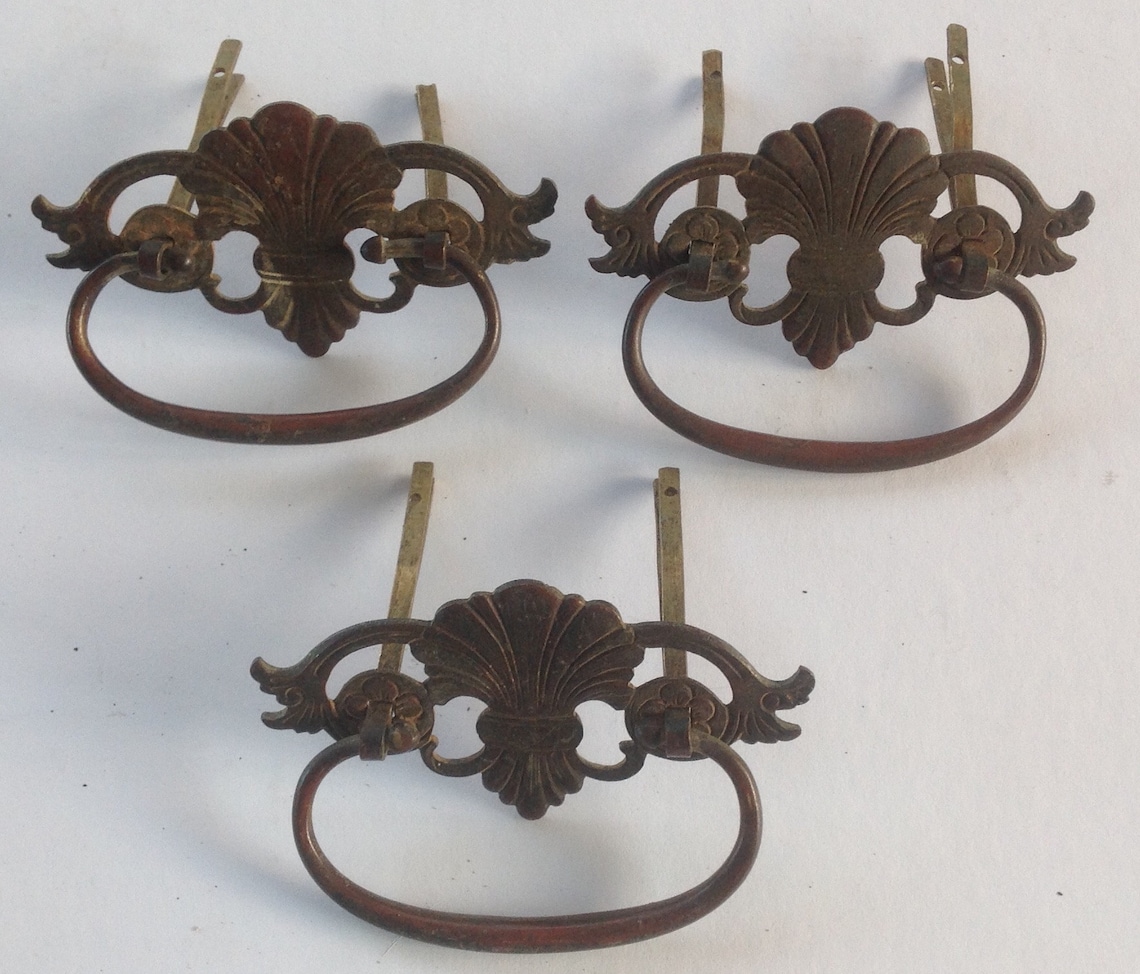 Set of 3 Antique Brass Drawer Handles, Impressed 'C&A England' on