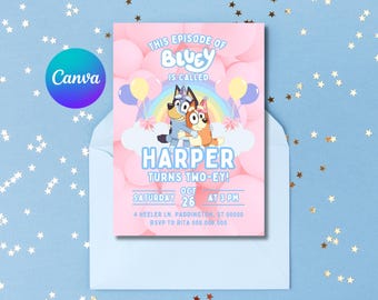 Bluey TWO-EY 編集可能な誕生日招待状 - ピンクのテーマ