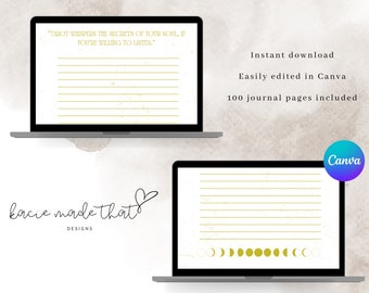 May include: A digital mockup of a laptop screen displaying a printable journal page with gold lines and the text "Tarot whispers the secrets of your soul, if you're willing to listen." The page also features a moon phase graphic at the bottom. The text "Instant download", "Easily edited in Canva", and "100 journal pages included" is displayed below the laptop screen. The text "bacie made that DESIGNS" is displayed below the laptop screen.