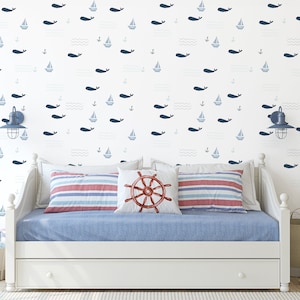 Nautical Adventure, Sailboat Whale Removable Blue and White Peel & Stick Self-Adhesive Wallpaper, Ships Free in 5-6 business days (US)