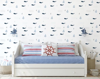 Nautical Adventure, Sailboat Whale Removable Blue and White Peel & Stick Self-Adhesive Wallpaper, Ships Free in 5-6 business days (US)