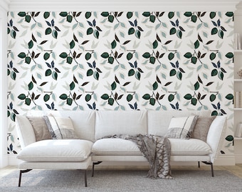 Olive Branches Peel and Stick Wallpaper: Blue & Green Leaf Design