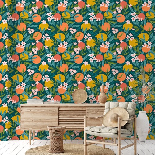 CITRUS FLORAL WALLPAPER Oranges Lemons Greenery Removable Etsy