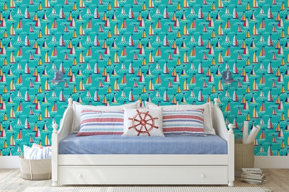 NAUTICAL WALLPAPER REMOVABLE Wallpaper Colorful Sailboat | Etsy