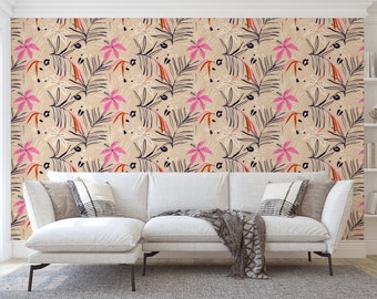 Tropical Pink Orange Leaves, Peel and Stick Tropical and Colorful Leaf Wallpaper, Ships Free to US & CA (3-5) Days