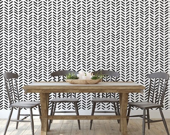 Herringbone Black and White Scandinavian Design Chevron Removable Peel & Stick Self-Adhesive Wallpaper, Ships Free in 3-5 business days (US)