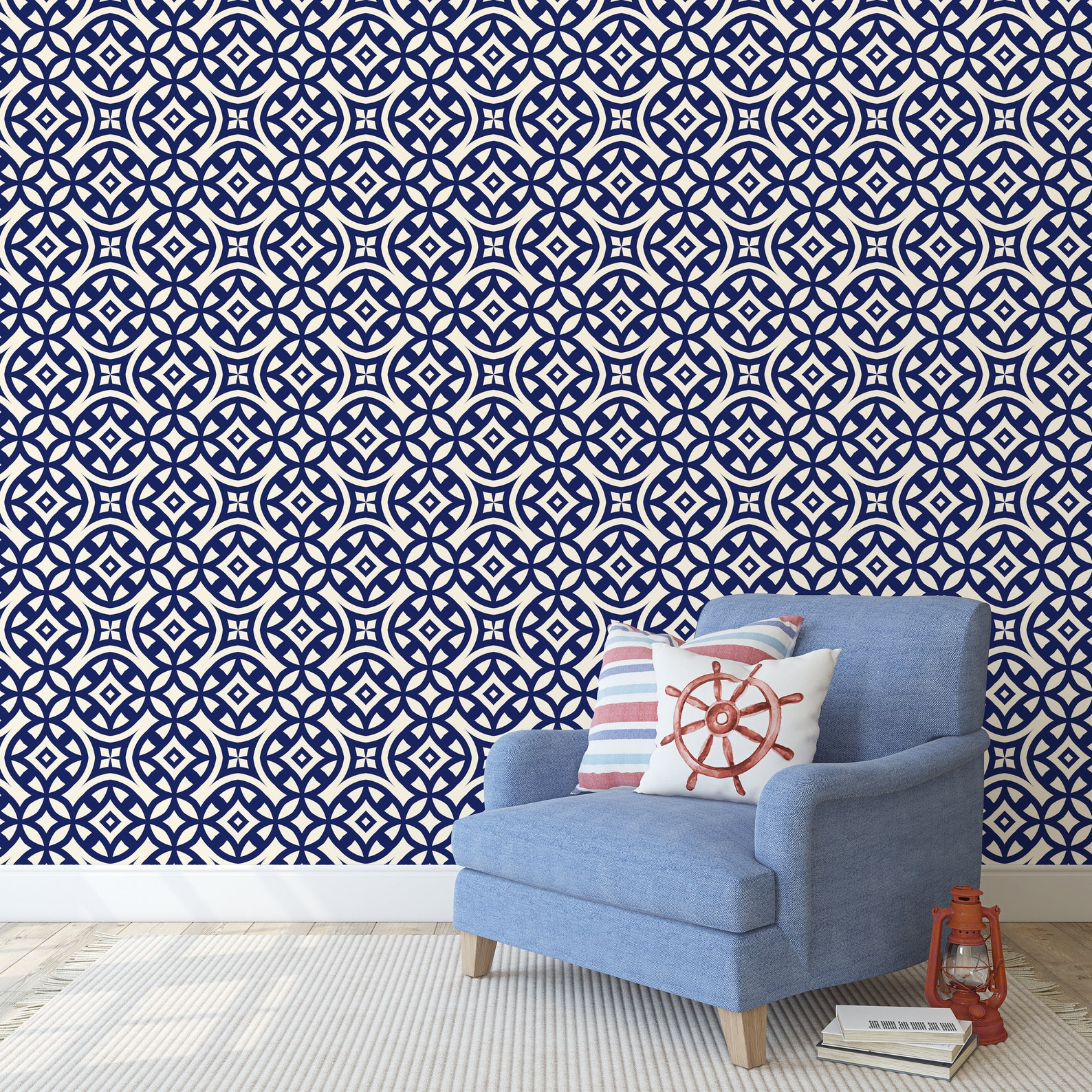 NAVY GEOMETRIC WALLPAPER Navy and Beige Design Removable Etsy
