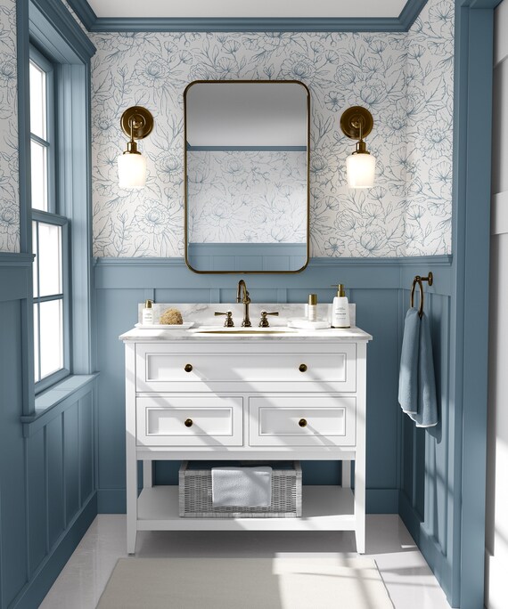 BLUE FLORAL Whispering Steal blue Floral Wallpaper Removable