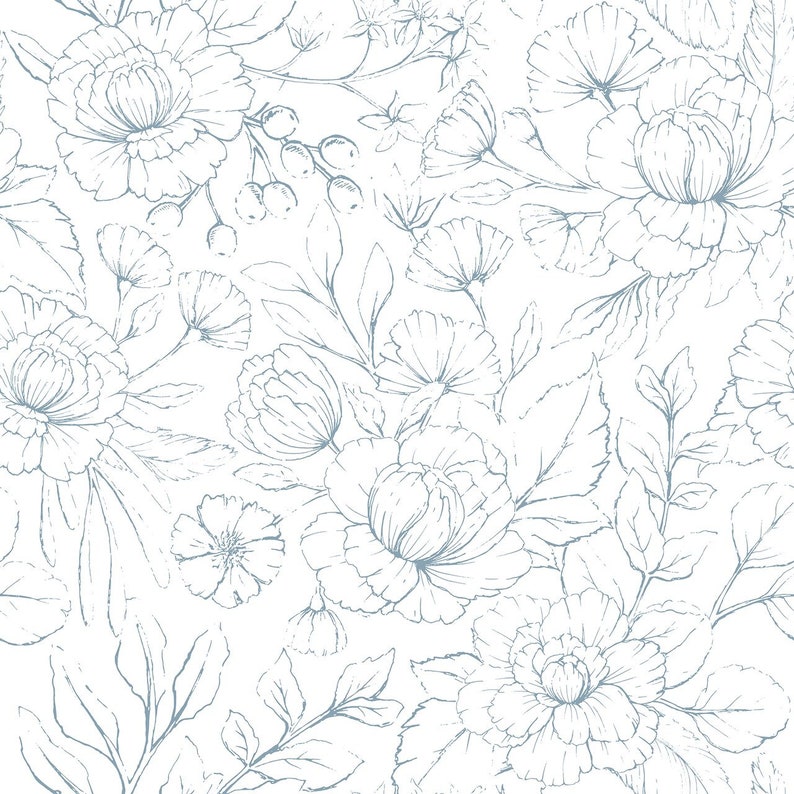 BLUE FLORAL Whispering Steal Blue Floral Wallpaper Removable Etsy