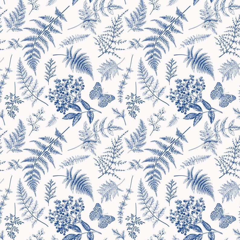 Blue Botany, Ferns, Berries, Hydrangeas and Berries, Removable Peel & Stick Self-Adhesive Wallpaper, Ships Free in 3-5 business days US image 8