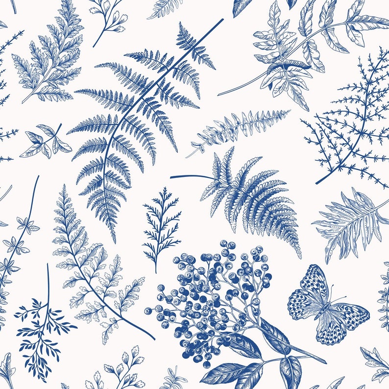 Blue Botany, Ferns, Berries, Hydrangeas and Berries, Removable Peel & Stick Self-Adhesive Wallpaper, Ships Free in 3-5 business days US image 6