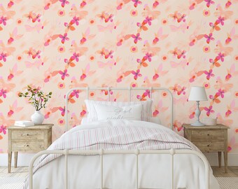 Pink Floral Butterly Peel and Stick Wallpaper, Pink, Orange Flowers, Ships Free to US & CA (3-5 Business Days)