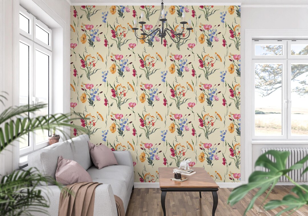 Wildflower Meadow Peel and Stick Wallpaper: Wispy Floral Design - Etsy