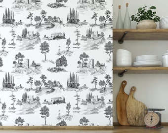 Countryside Black and White Wallpaper, Chic Country Style peel and stick wallpaper, Ships Free (3-5) Business days US & CA
