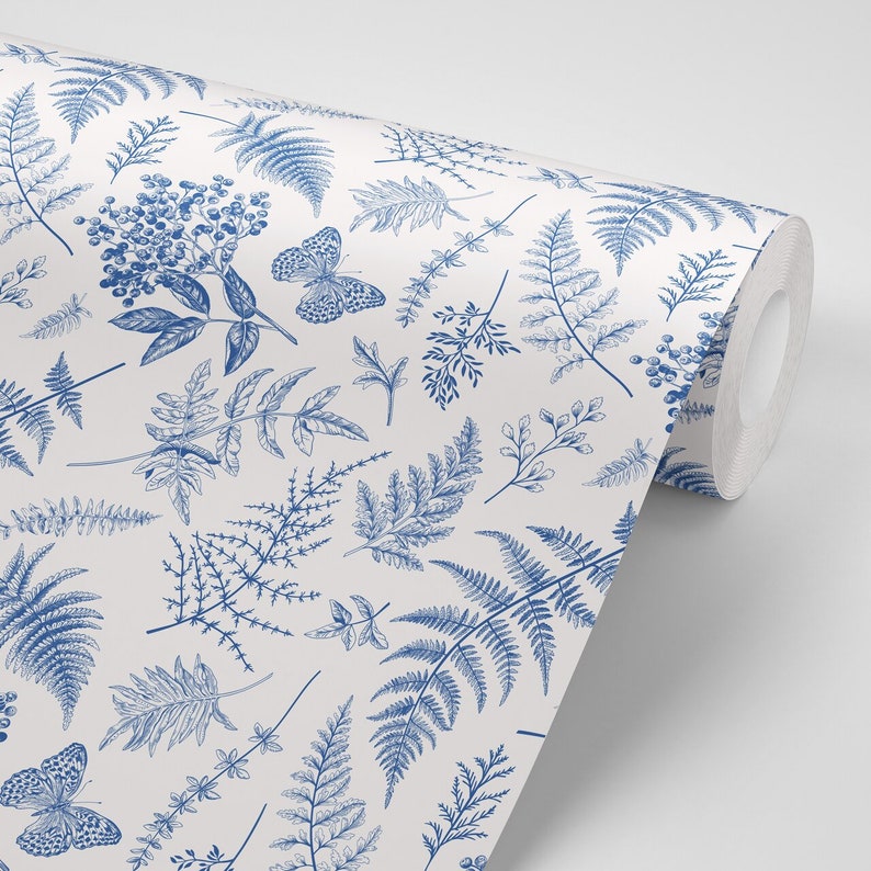 Blue Botany, Ferns, Berries, Hydrangeas and Berries, Removable Peel & Stick Self-Adhesive Wallpaper, Ships Free in 3-5 business days US image 7