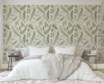 Green Botany, Green Blue Floating Leaves, Botanical Peel and Stick Wallpaper, Ships Free to US & CA (3-5 Business Days)