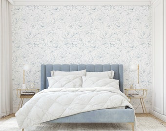 SALE Blue Floral, Blue Floral Design, White Background Peel and Stick Wallpaper, Ships Same Day, Free Shipping to US & CA