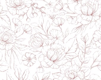 May include: A seamless pattern featuring delicate pink line drawings of flowers and leaves on a white background.