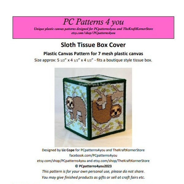 pdf PATTERN - Sloth Tissue Box Cover - pdf download for 7 mesh plastic canvas