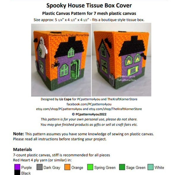 pdf PATTERN - Spooky House Tissue Box Cover - pdf download for 7 mesh plastic canvas