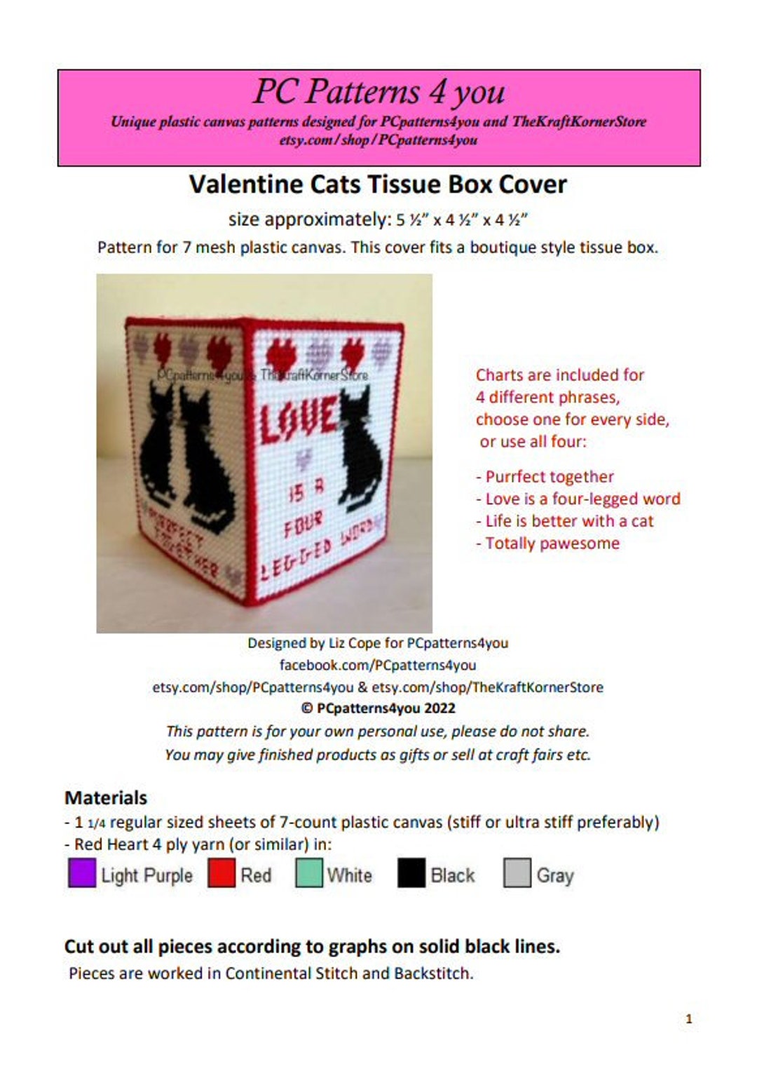 Pdf PATTERN - Valentine Cats Tissue Box Cover - Pdf Download for 7 Mesh ...