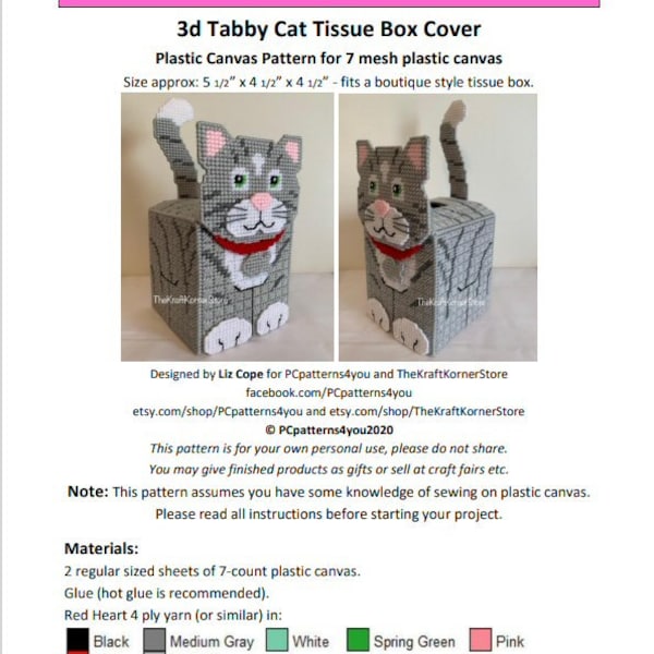 pdf PATTERN - 3d Tabby Cat Tissue Box Cover - pdf download