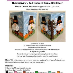 UPDATED pdf pattern - Thanksgiving / Fall Gnomes Tissue Box Cover - pdf download for 7 mesh plastic canvas