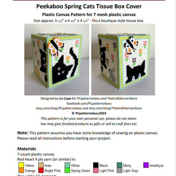 pdf PATTERN - Peekaboo Spring Cats Tissue Box Cover - pdf download for 7 mesh plastic canvas