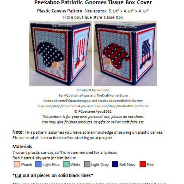 pdf PATTERN - Peekaboo Patriotic Gnomes Tissue Box Cover - pdf download for 7 mesh plastic canvas