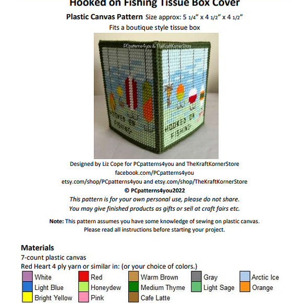 pdf PATTERN - Hooked on Fishing Tissue Box Cover - pdf download for 7 mesh plastic canvas