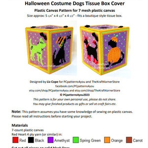 Könnte beinhalten: Ein Plastik-Canvas-Muster für eine Halloween-Tischtuchbox-Abdeckung. Das Muster zeigt zwei Hunde in Kostümen. Ein Hund trägt einen Hexenhut und der andere ein Frankenstein-Kostüm. Das Muster ist für 7-maschigen Plastik-Canvas konzipiert und misst 13,3 cm x 11,4 cm x 11,4 cm.