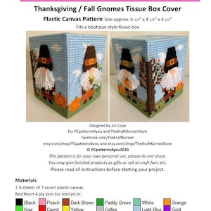 Modello PDF AGGIORNATO - Copri scatola di fazzoletti con gnomi del Ringraziamento/Autunno - download PDF per tela di plastica a 7 maglie