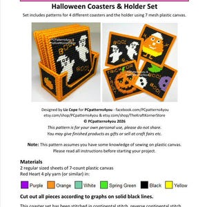 May include: A set of four square Halloween coasters and a matching holder made from 7-mesh plastic canvas. The coasters feature stitched designs of ghosts, a pumpkin, and candy corn in orange, black, white, yellow, and green yarn colors.