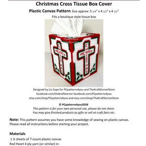 May include: A Christmas-themed tissue box cover pattern featuring red and green crosses with the word "Merry" on each cross. The pattern is designed for plastic canvas and measures 5 1/4 inches by 4 1/2 inches by 4 1/2 inches.