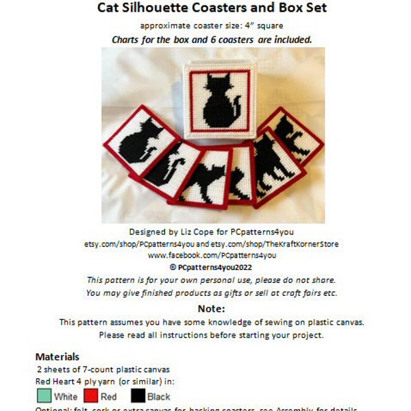 pdf PATTERN - 6 Cat Silhouette Coasters and Box Set - pdf download for 7 mesh plastic canvas